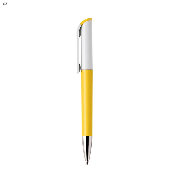 A yellow plastic pen with a silver clip and a white top, featuring a sleek design.