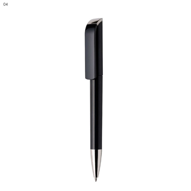 A black plastic pen with a sleek design and a silver tip, featuring a clip on the top.