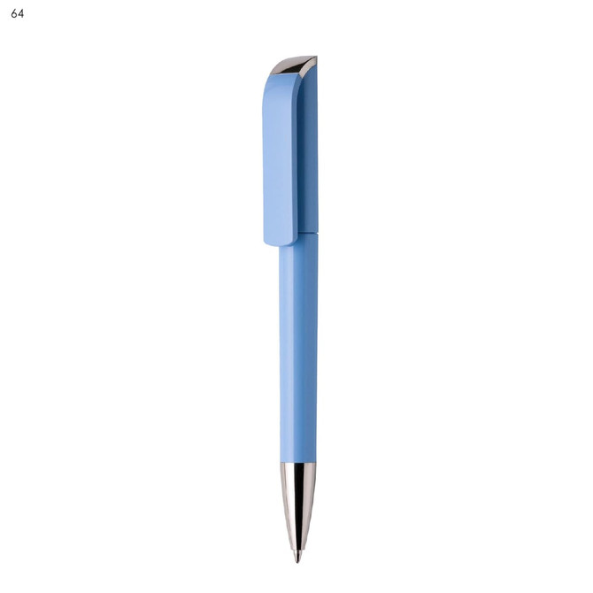 A blue plastic pen with a sleek design and a silver tip, featuring a logo on its body.