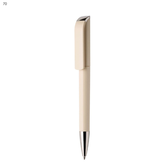 A beige plastic pen with a silver clip, featuring a sleek, minimalist design and a logo on the clip.