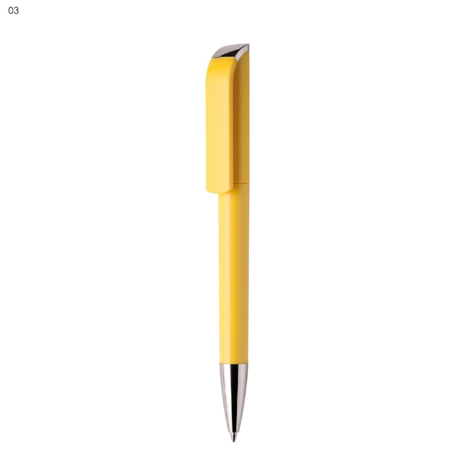A yellow plastic pen with a sleek design and a chrome clip, featuring a branding logo.