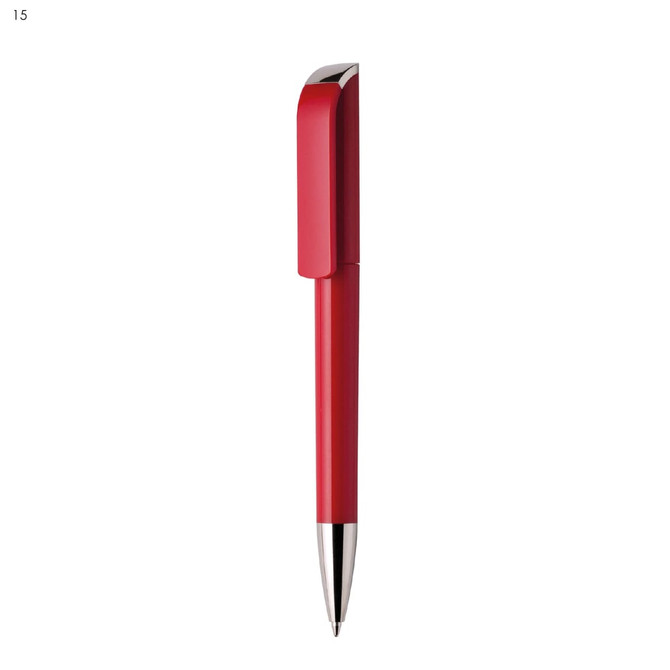 A red plastic pen featuring a sleek design and a metal clip, complete with a branding logo.