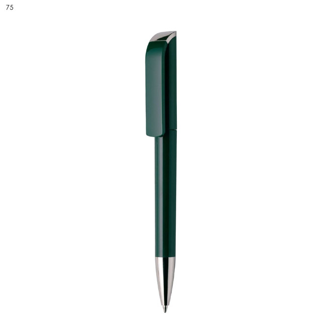 A green plastic pen with a sleek design and a metallic tip. It features a branding logo on the side.