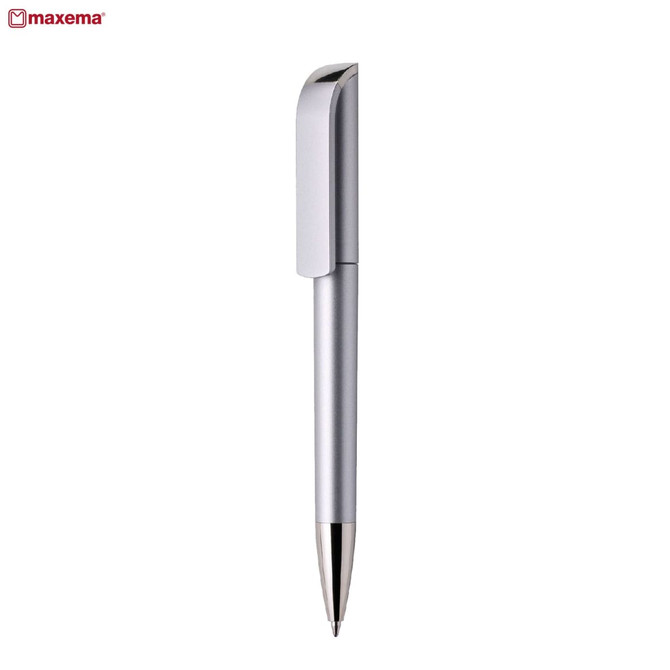 A silver plastic pen with a sleek design and a clip at the top. The pen has a branding logo on it.