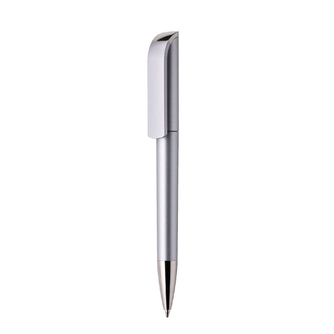 A silver plastic pen with a sleek design and a clip, featuring a brand logo near the top.