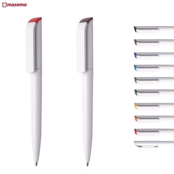 A collection of plastic pens in various colours, featuring a white body and a clip with contrasting caps.