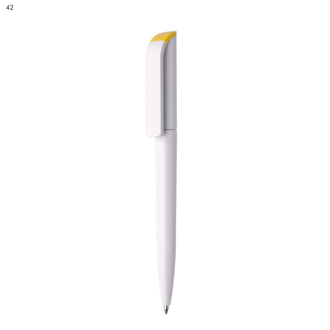 A plastic pen in white with a yellow accent cap, featuring a logo on its body.