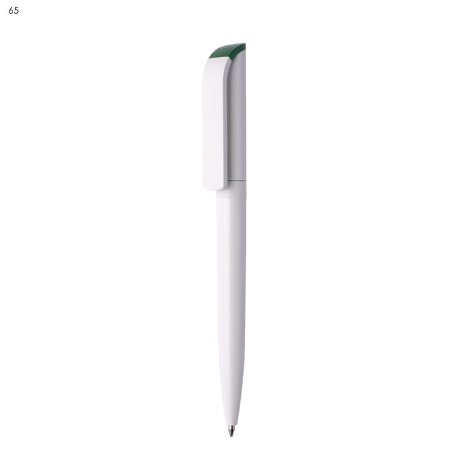 A plastic pen in white with a green clip and a branding logo on its side.