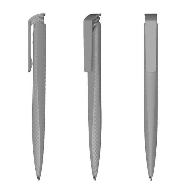 A grey plastic pen with a sleek design, featuring a clip and a textured grip. It has a branding logo on the side.