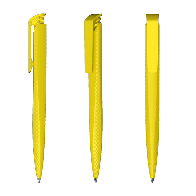 A bright yellow plastic pen with a textured grip and clip, viewed from three angles. It features a branding logo.
