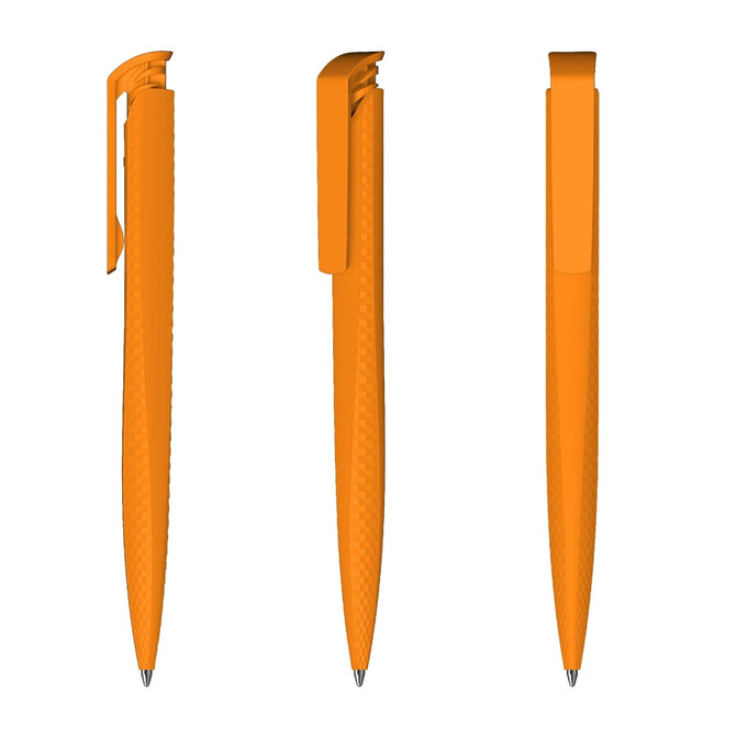 An orange plastic pen with a textured grip, featuring a clip and a smooth writing tip, displayed from three angles.