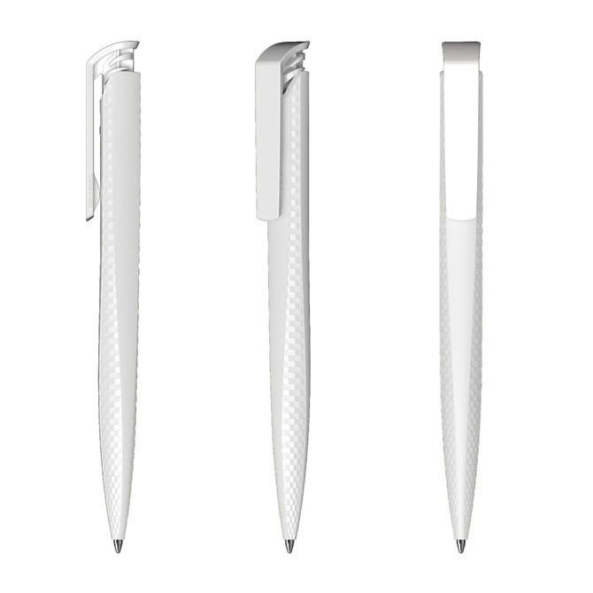 A sleek white plastic pen with a textured grip and a silver clip, featuring a modern design.