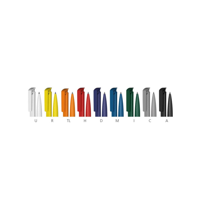 A collection of plastic pens in various colours including white, yellow, orange, red, blue, green, and black, featuring a logo.