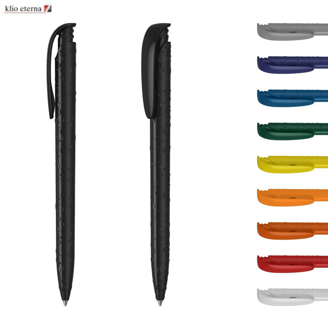A high-gloss black plastic pen with a matching clip, accompanied by pens in various vibrant colours.