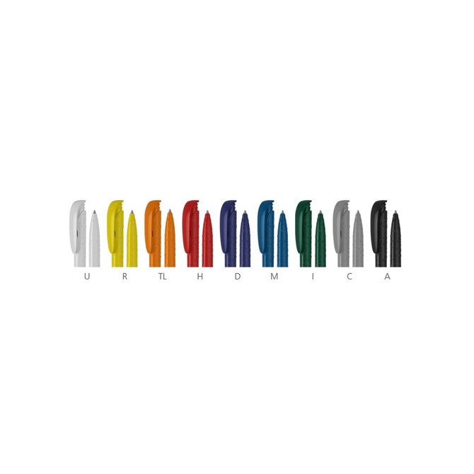 A collection of plastic pens in various colours including white, orange, green, blue, red, and black, featuring different nib designs.