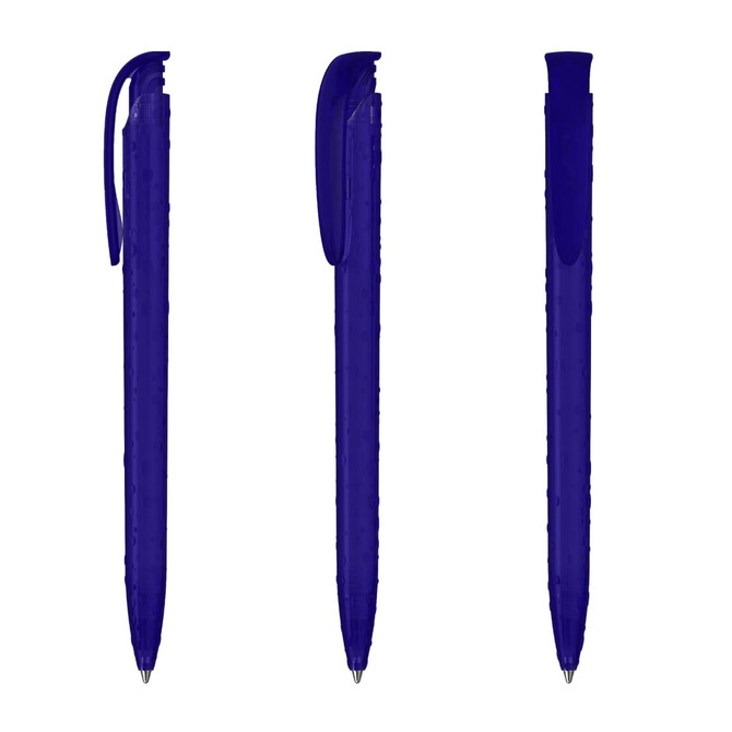 Three transparent plastic pens in vibrant shades of blue, featuring a clip and textured grip.