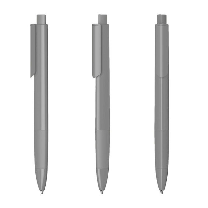 A set of three grey plastic pens with a glossy finish, each featuring a clip and a capped end.