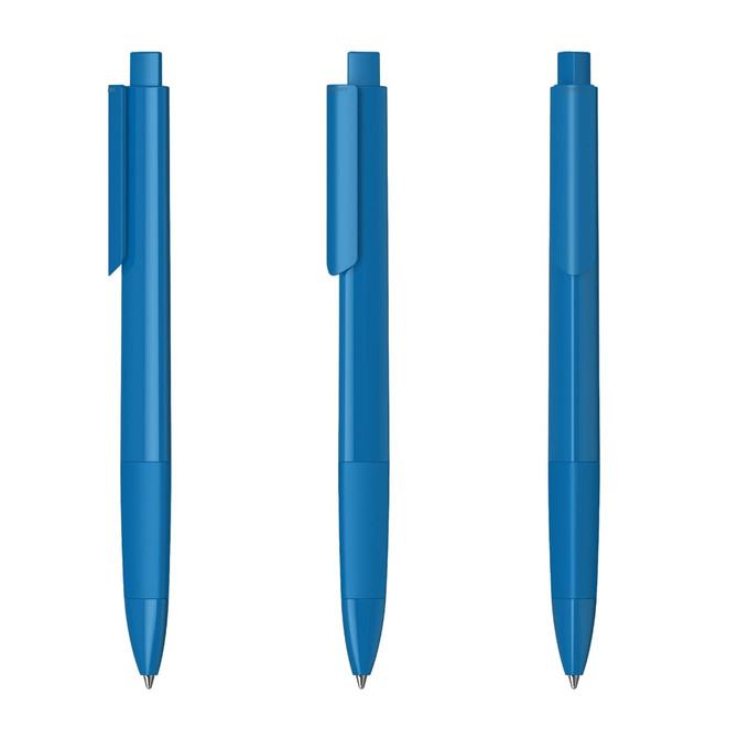 A set of three blue plastic pens arranged in a row, each featuring a clip and a glossy finish.