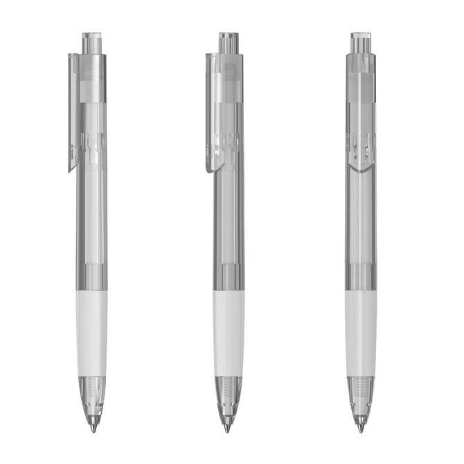 A set of three transparent plastic pens with white grips and silver tips, featuring a logo on the body.