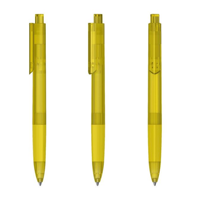 A set of three transparent yellow plastic pens with clip and retractable tips, featuring a logo.