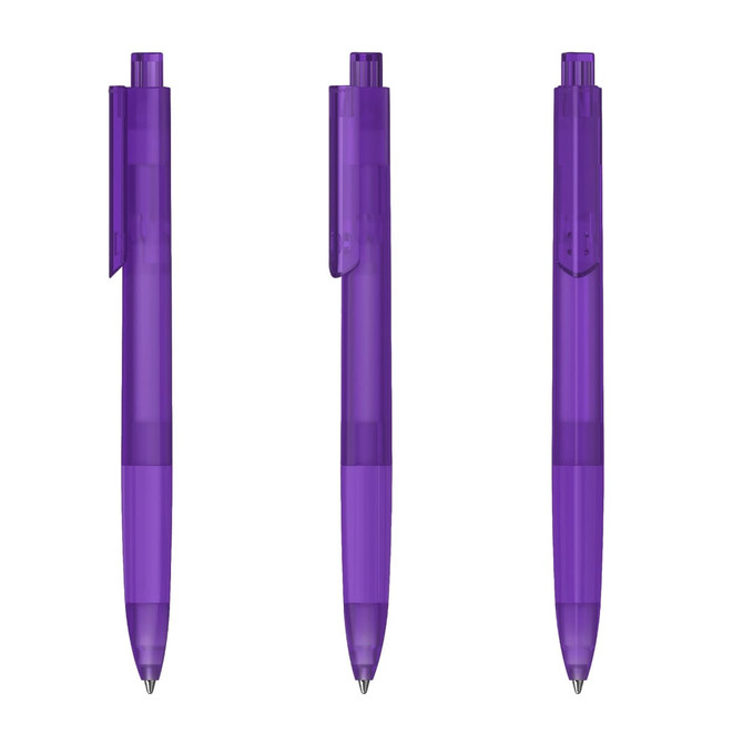 A set of three transparent purple plastic pens, featuring a clip and a sleek design.