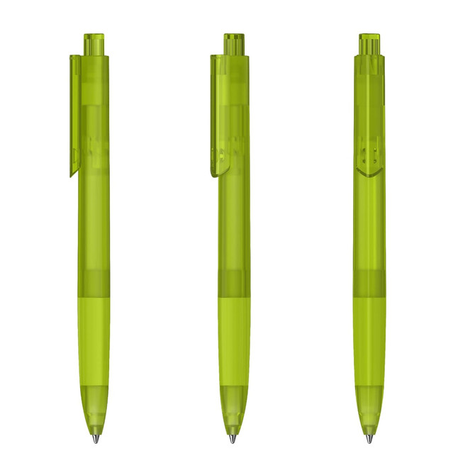 Three transparent green plastic pens with a click mechanism and clips for easy attachment.