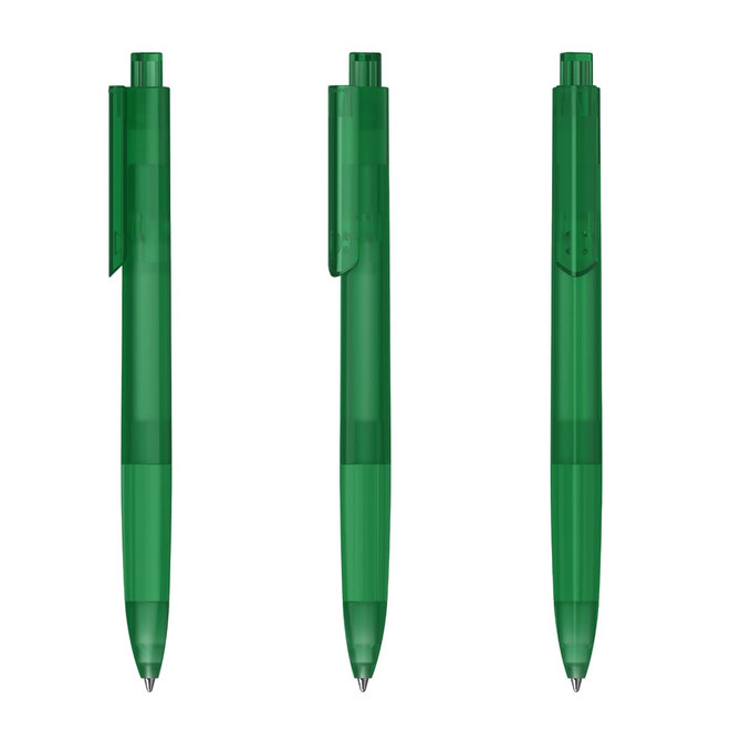 A set of three transparent green plastic pens with clip attachments and a smooth nib. Each pen has a branding logo.