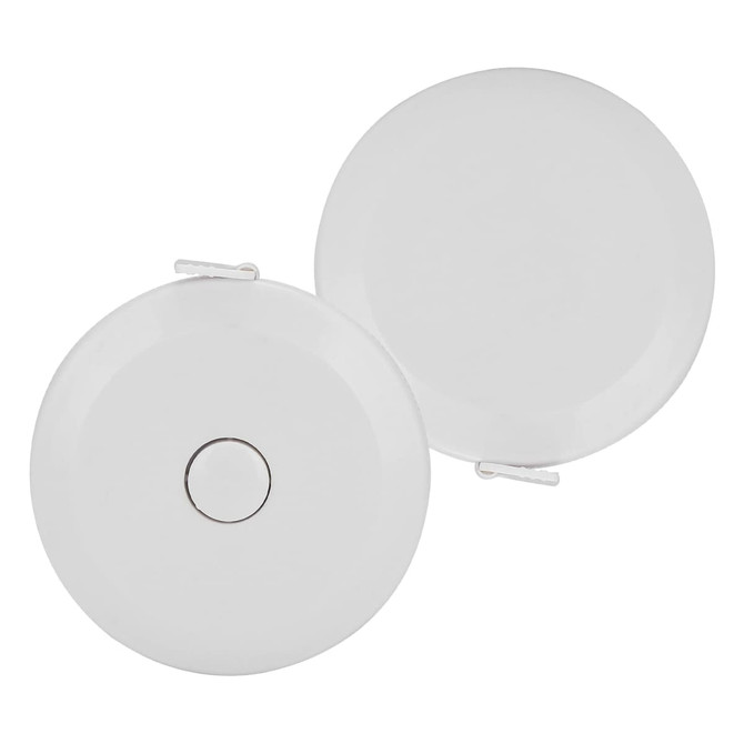 A compact tape measure in white, featuring a circular design with a metal button and a clip for attachment.