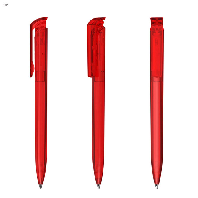 A set of three transparent red plastic pens, featuring a sleek design and a clip on the top.