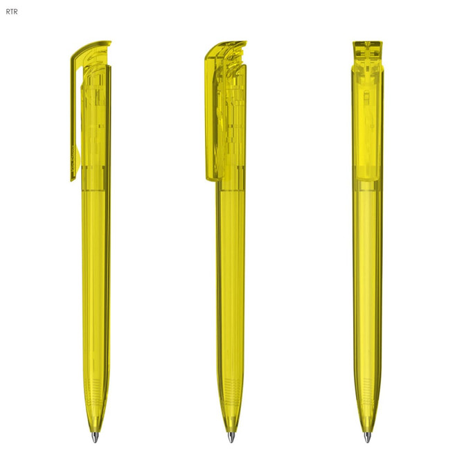 Three transparent yellow plastic pens displayed from different angles, featuring a simple design and a logo on the side.