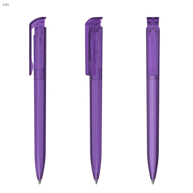 A collection of three transparent purple plastic pens, featuring a logo on one side.