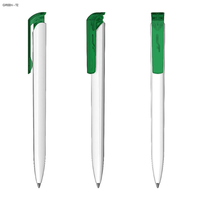 A white plastic pen with a green clip, featuring a sleek design and a simple branding logo.