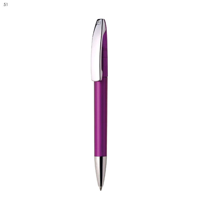 A plastic pen in vibrant purple with a silver clip and tip, featuring a logo on the barrel.