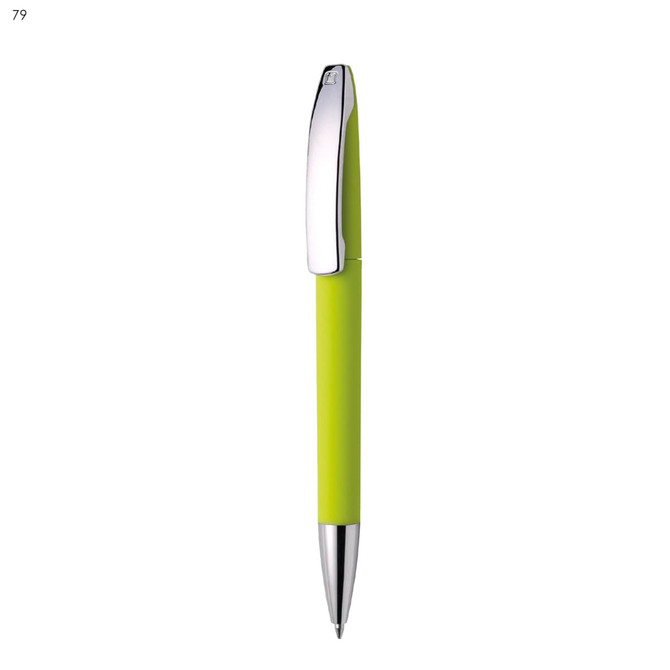 A metal pen with a bright green barrel and a chrome clip, featuring a sleek design and a branded logo.