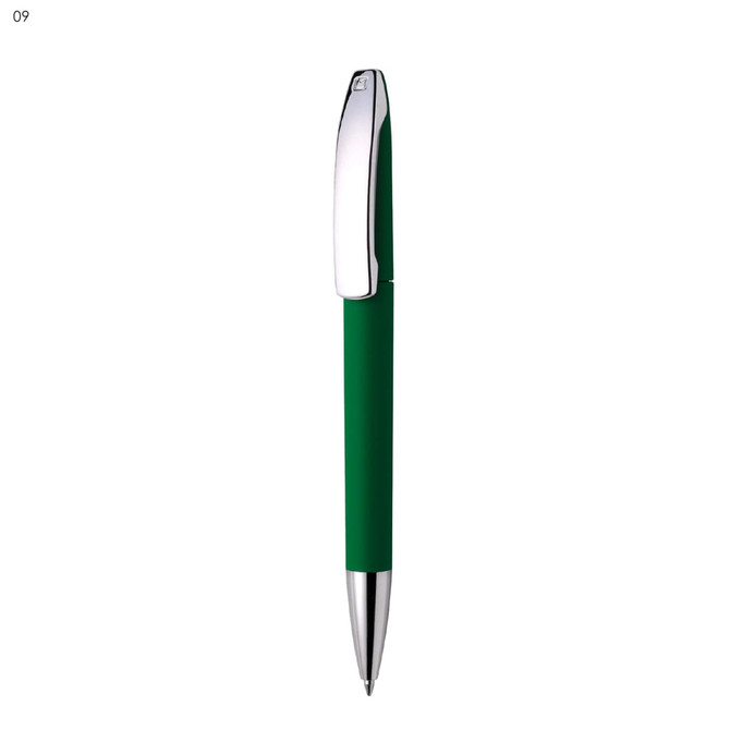 A green metal pen with a silver clip and tip, featuring a logo on the barrel.