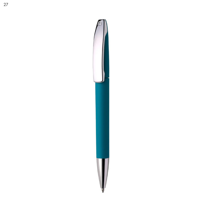 A sleek metal pen in teal with a shiny silver clip and tip, featuring a logo on the barrel.