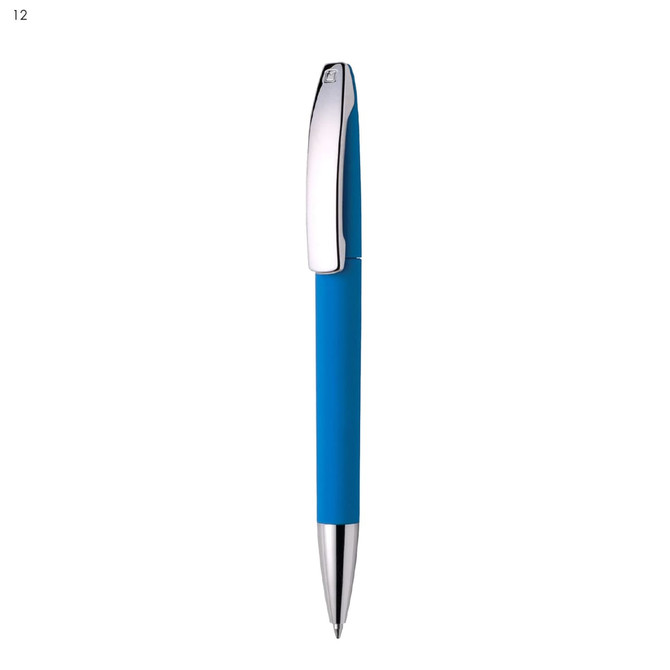 A blue metal pen with a chrome clip. The pen features a smooth, sleek design and has a branding logo.