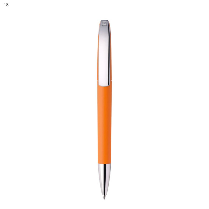 An orange metal pen with a silver clip and tip, featuring a logo on the clip.