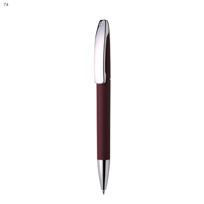 A metal pen in deep burgundy with a shiny silver clip and tip, featuring a branding logo.