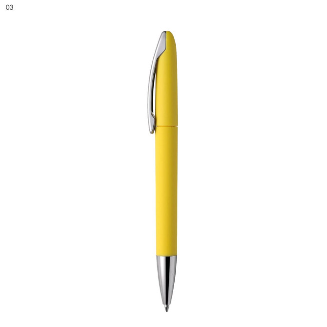 A yellow metal pen with a shiny silver clip and tip, featuring a branding logo.