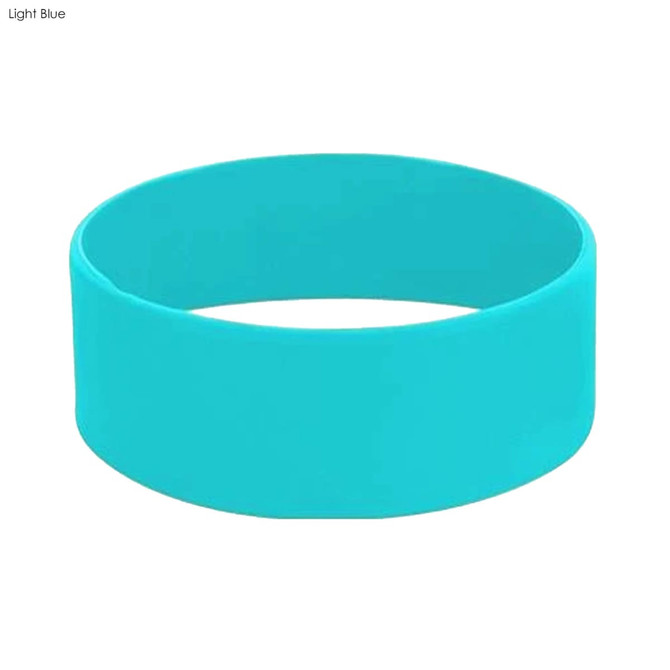 Light blue silicone wristband with a smooth finish and a logo. Designed in a large size for various events.