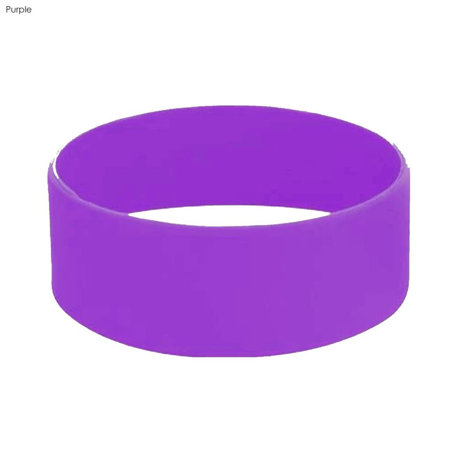 A purple silicone wristband, featuring a solid colour design and a smooth finish. It has a logo on it.