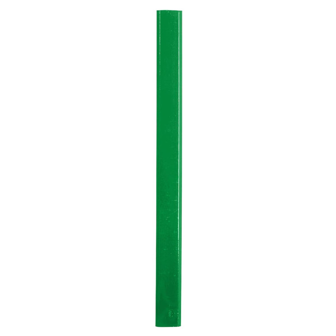A green carpenter pencil with a smooth finish and a tapered point. It features a branding logo.