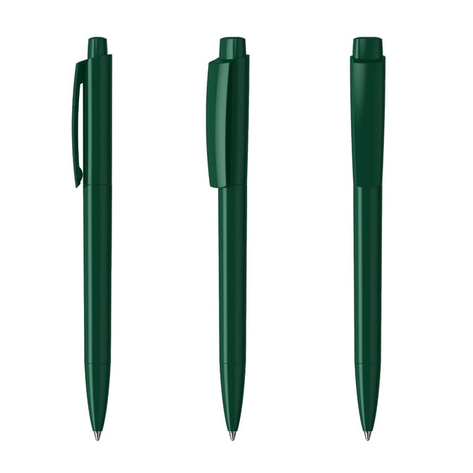 A set of three dark green plastic pens, featuring different designs and a logo on the barrel.