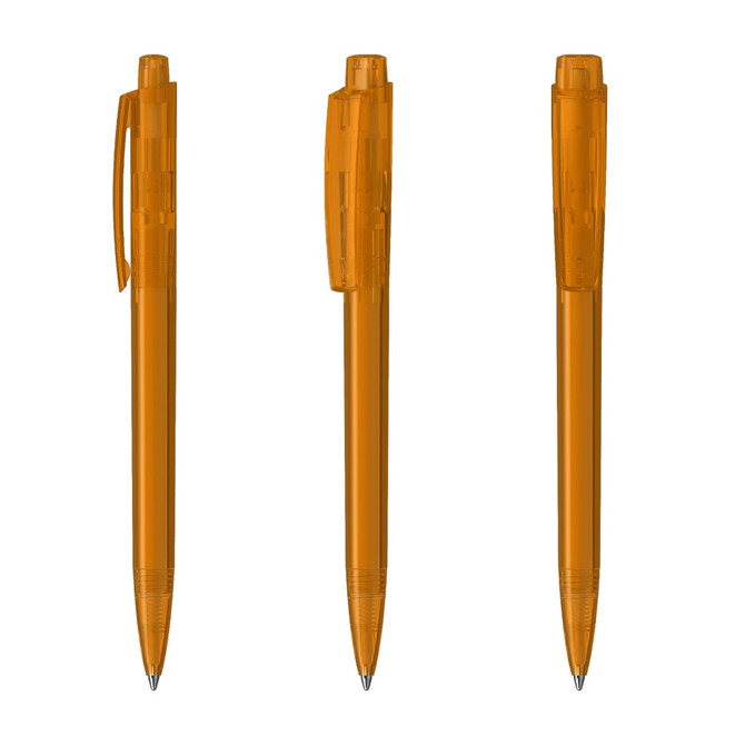 An orange transparent plastic pen, shown from three angles, featuring a clip and a smooth barrel design.