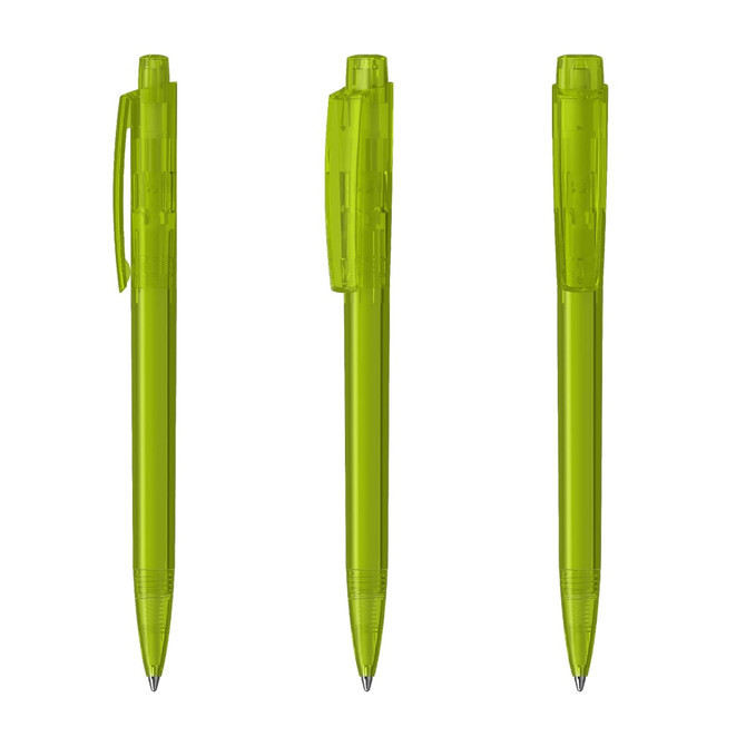 Three transparent green plastic pens arranged side by side, featuring different clip and barrel designs.