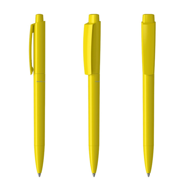 A set of three yellow plastic pens, featuring a sleek design and a clip for easy attachment. Each pen has a cap.
