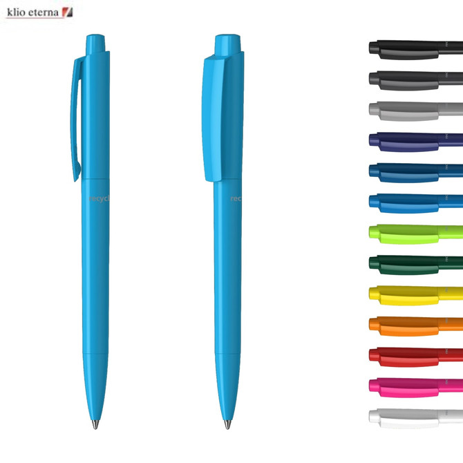 Two plastic pens in bright blue, alongside a range of other colourful pens, displayed with a logo at the top.