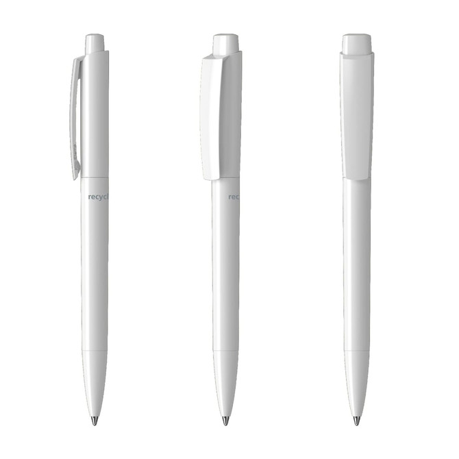 A set of three white plastic pens with a simple design and clips. Each pen features a logo.