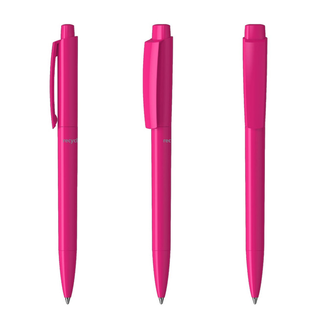 A set of three pink plastic pens with a clip and smooth barrel design, featuring a logo.